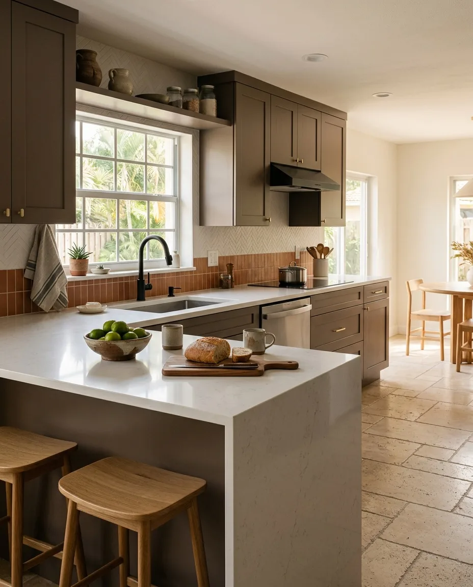 Kitchen remodel in Davie, FL: new cabinet boxes being set and leveled against the wall
